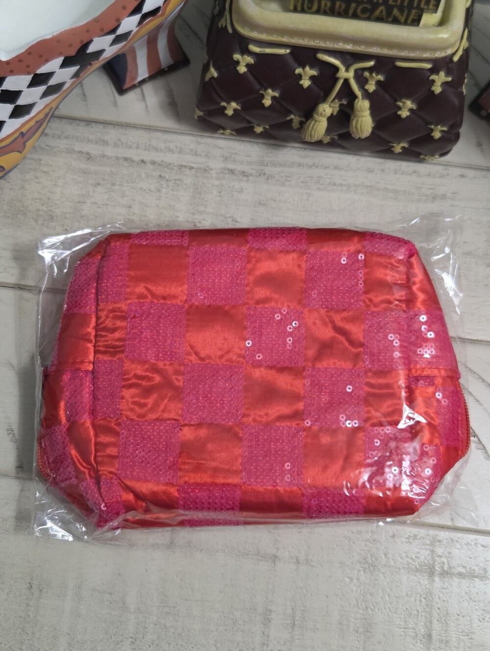 Ulta Beauty Red & Pink Checkered Sequin Cosmetic Bag NWT